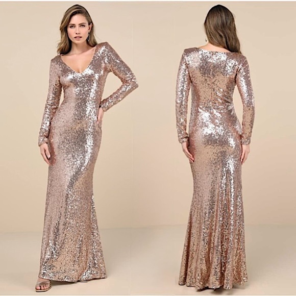 Lulus Capture the Moon Rose Gold Long Sleeve Sequin Maxi Dress, Size L, NWT - Picture 1 of 16